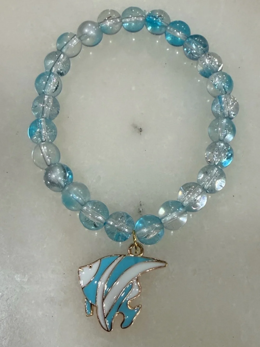 Sea Glass Blue Beaded Bracelet with Enamel Manta Charm